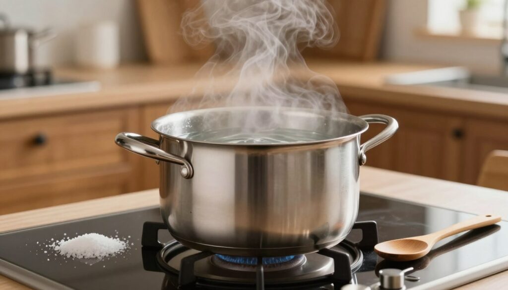A shiny stainless steel pot filled with clear water sits on a modern stovetop, steam rising gracefully from its surface. Surrounding the pot are a sprinkle of coarse sea salt and a wooden spoon resting beside it, hinting at the cooking process about to begin. The background features a cozy kitchen environment with warm wooden cabinets and soft ambient lighting, creating an inviting atmosphere. The scene is captured with a shallow depth of field to emphasize the pot and water in the foreground, while softly blurring the background. The overall mood is calm and focused, portraying a sense of preparation for a delicious meal. The composition highlights the essentials: pot, water, and salt, conveying their importance in cooking pasta al dente. A shiny stainless steel pot filled with clear water sits on a modern stovetop, steam rising gracefully from its surface. Surrounding the pot are a sprinkle of coarse sea salt and a wooden spoon resting beside it, hinting at the cooking process about to begin. The background features a cozy kitchen environment with warm wooden cabinets and soft ambient lighting, creating an inviting atmosphere. The scene is captured with a shallow depth of field to emphasize the pot and water in the foreground, while softly blurring the background. The overall mood is calm and focused, portraying a sense of preparation for a delicious meal. The composition highlights the essentials: pot, water, and salt, conveying their importance in cooking pasta al dente.