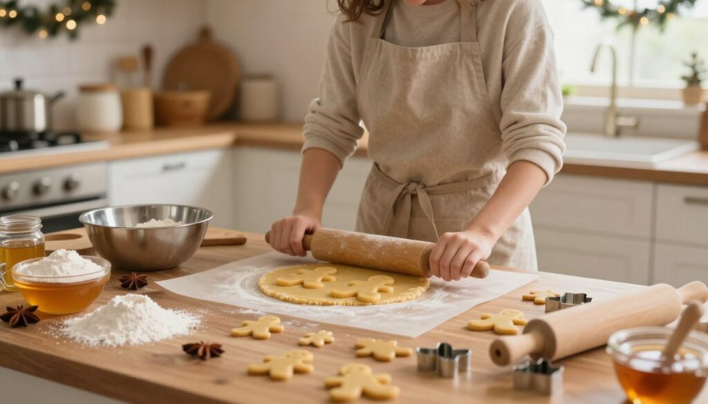 A step-by-step view of making gingerbread, showcasing the process in a warm, inviting kitchen setting. In the foreground, there's a wooden countertop with ingredients like flour, spices, and honey artfully arranged. A mixing bowl is in the center, with dough being shaped into gingerbread men. In the middle ground, a person wearing a cozy, modest apron rolls out dough with a rolling pin, smiling serenely while focusing on the task. The background features a warmly lit kitchen with subtle holiday decorations, like garlands and cookie cutters. Soft natural light filters through a window, creating a cozy and festive atmosphere that invites the viewer into the cooking experience. The angle captures the scene from slightly above, emphasizing the inviting nature of home baking. A step-by-step view of making gingerbread, showcasing the process in a warm, inviting kitchen setting. In the foreground, there's a wooden countertop with ingredients like flour, spices, and honey artfully arranged. A mixing bowl is in the center, with dough being shaped into gingerbread men. In the middle ground, a person wearing a cozy, modest apron rolls out dough with a rolling pin, smiling serenely while focusing on the task. The background features a warmly lit kitchen with subtle holiday decorations, like garlands and cookie cutters. Soft natural light filters through a window, creating a cozy and festive atmosphere that invites the viewer into the cooking experience. The angle captures the scene from slightly above, emphasizing the inviting nature of home baking.