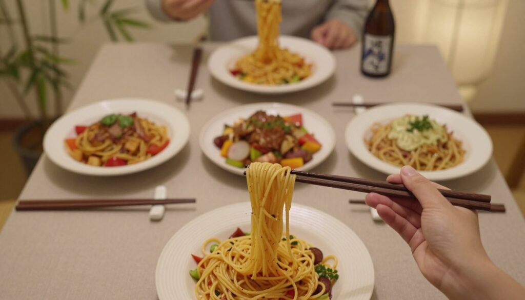 A top-down view of a beautifully arranged dining table featuring various types of pasta dishes and traditional chopsticks placed beside each dish. In the foreground, a pair of chopsticks awkwardly handling a strand of pasta, showcasing common mistakes such as improper grip or pasta slipping away. The middle ground displays several plates of pasta, each highlighting a different error, like overloading the chopsticks or struggling with twirling. The background features soft, ambient lighting creating a warm and inviting atmosphere, with subtle decorative elements like bamboo plants or a sake bottle enhancing the cultural theme. The overall mood is educational and engaging, aimed at conveying tips for successful pasta-eating techniques with chopsticks.