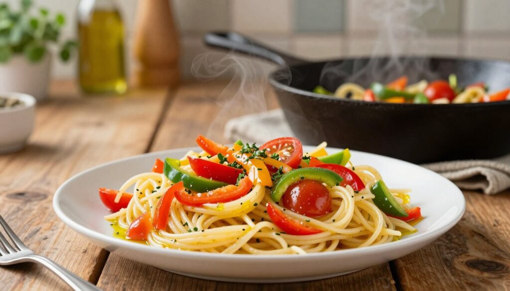 A vibrant and appetizing scene featuring a beautifully arranged plate of "makaronem nitki" pasta, skillfully sautéed with a medley of colorful, finely chopped vegetables like bell peppers and cherry tomatoes, creating an inviting, fresh appearance. In the foreground, the pasta glistens with a drizzle of olive oil and a sprinkle of herbs, giving it an aromatic touch. The middle ground showcases a rustic wooden table, emphasizing a cozy kitchen atmosphere, while a cast iron skillet sits next to the plate, with steam rising from it. Soft, warm lighting bathes the scene, creating a welcoming ambiance. In the background, blurred hints of kitchen utensils and a herb garden suggest a homely, casual cooking environment, evoking a mood of effortless, delicious meal preparation.