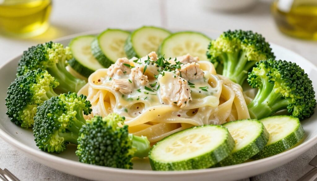 A vibrant and healthy arrangement of fresh vegetables, prominently featuring steamed broccoli and slices of zucchini, elegantly placed around a plate of pasta. The foreground showcases glistening green broccoli florets and delicate zucchini ribbons, garnished with a sprinkle of herbs. In the middle ground, a hearty serving of creamy, light sauce enhances the pasta, subtly infused with olive oil and spices, creating a mouthwatering texture. The background features soft-focus elements of a rustic kitchen setting with natural light streaming in, enhancing the freshness and vitality of the vegetables. The overall mood is bright and inviting, conveying a sense of health and culinary creativity, ideal for illustrating a delicious, light vegetable sauce for chicken pasta dishes. A vibrant and healthy arrangement of fresh vegetables, prominently featuring steamed broccoli and slices of zucchini, elegantly placed around a plate of pasta. The foreground showcases glistening green broccoli florets and delicate zucchini ribbons, garnished with a sprinkle of herbs. In the middle ground, a hearty serving of creamy, light sauce enhances the pasta, subtly infused with olive oil and spices, creating a mouthwatering texture. The background features soft-focus elements of a rustic kitchen setting with natural light streaming in, enhancing the freshness and vitality of the vegetables. The overall mood is bright and inviting, conveying a sense of health and culinary creativity, ideal for illustrating a delicious, light vegetable sauce for chicken pasta dishes.