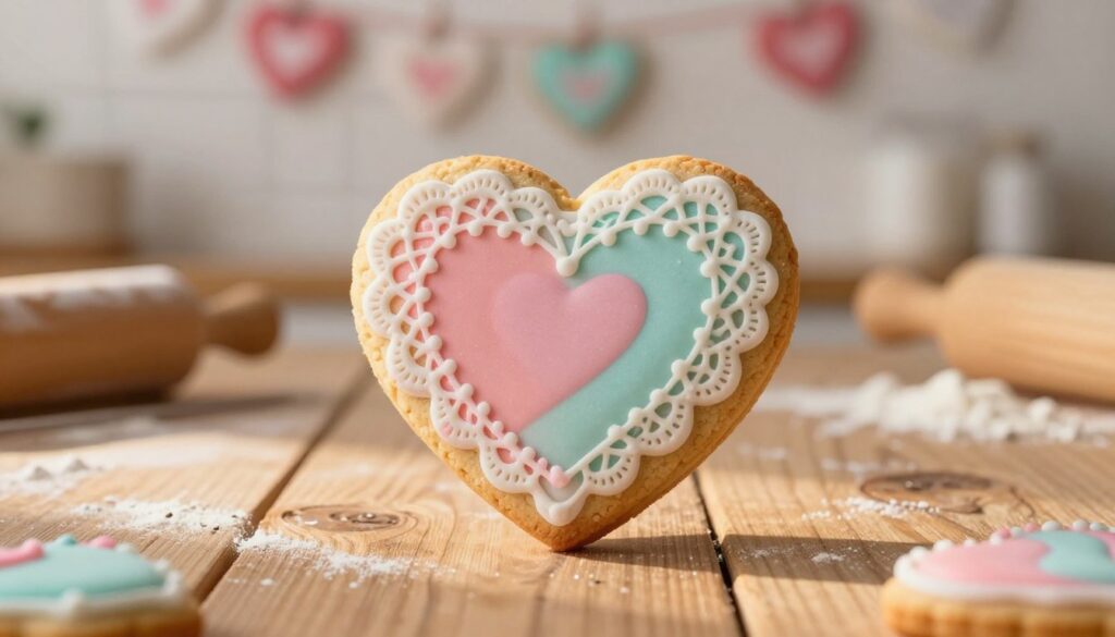 A vibrant and heart-shaped cookie adorned with delicate icing, featuring intricate lace patterns and pastel colors, sits prominently in the foreground. The cookie glistens under soft, warm lighting, creating a cozy and inviting atmosphere. In the middle, a rustic wooden table provides a natural backdrop, scattered with flour and baking tools to suggest a homely kitchen setting. The background features faintly blurred, whimsical heart-shaped decorations hanging on the walls, enhancing the festive mood. The lens focuses closely on the cookie, capturing its texture and details, while the warmth of golden hour light bathes the scene, emphasizing a romantic yet unpretentious vibe. The image evokes a sense of sweetness and creativity, perfect for showcasing alternative treats for Valentine's Day.