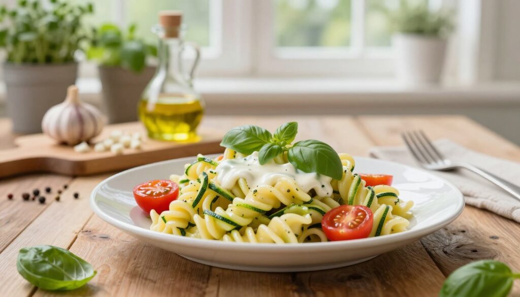 A vibrant, appetizing plate of zucchini pasta garnished with fresh basil and cherry tomatoes, positioned prominently in the foreground. The pasta is delicately twirled, showcasing its texture and color, while a drizzle of creamy yet non-watery sauce glistens on top. In the middle ground, a rustic wooden table adorned with a cutting board featuring chopped garlic, olive oil, and spices adds a touch of culinary warmth. In the background, soft-focus kitchen elements like herbs in pots and a bright window letting in natural light create a cozy and inviting atmosphere. The scene conveys a sense of comfort and simplicity, ideal for a quick meal. Use soft lighting to enhance the freshness of the ingredients and highlight the vibrant colors of the dish.