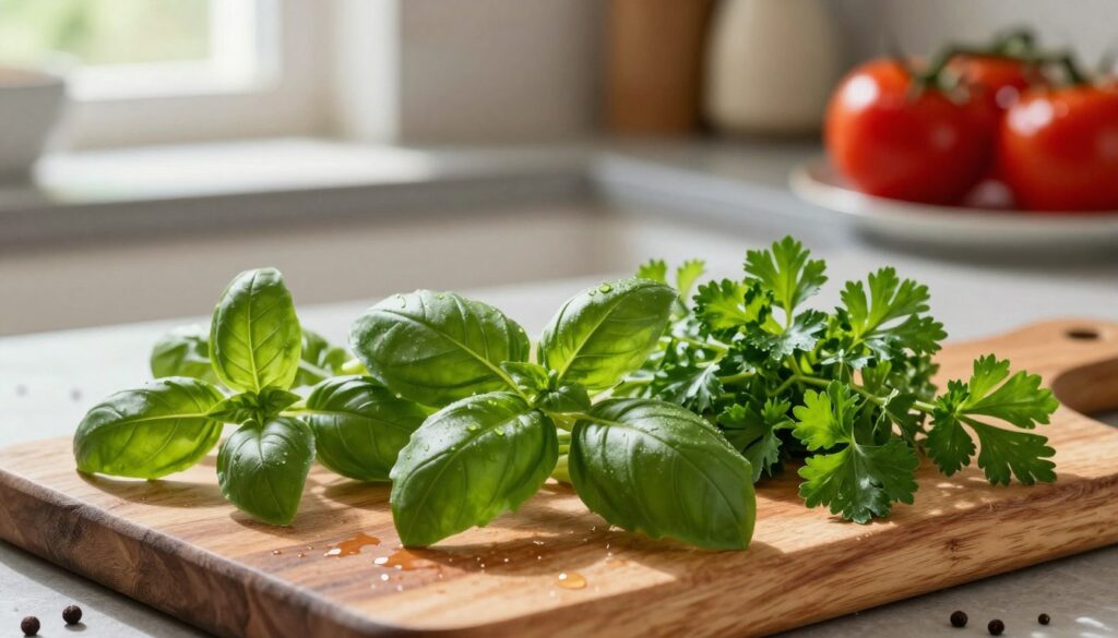 A vibrant arrangement of herbs suitable for a classic tomato sauce, featuring fresh basil, oregano, and parsley. In the foreground, the herbs are elegantly displayed on a rustic wooden cutting board, with droplets of water glistening on their leaves, suggesting freshness. The middle ground captures a softly blurred scene of a kitchen countertop, adorned with scattered spices and a bowl of ripe tomatoes, hinting at the cooking process. In the background, warm, natural light streams in through a window, casting gentle shadows, creating an inviting and cozy atmosphere. The focus is on the rich green of the herbs, emphasizing their role in enhancing the flavor of the sauce, evoking a sense of culinary passion and authenticity.