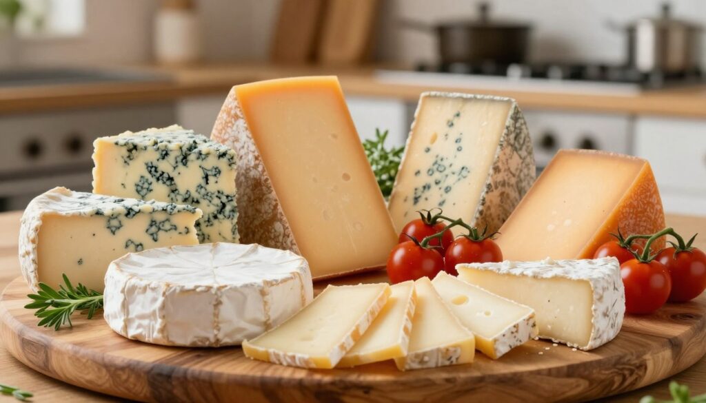 A vibrant assortment of cheeses, showcasing a mix of textures and colors, meticulously arranged on a rustic wooden platter. The foreground features creamy Brie, crumbly blue cheese, sharp aged cheddar, and delicate goat cheese, intricately sliced and artfully placed. Sprigs of fresh herbs and clusters of ripe cherry tomatoes provide a natural contrast, enhancing the visual appeal. In the background, a soft-focus kitchen setting with warm, inviting lighting creates a cozy atmosphere, suggesting a culinary environment. The angle is slightly elevated, capturing the richness of the cheeses while allowing the background to add depth. The overall mood is inviting and appetizing, ideal for a delightful culinary exploration. A vibrant assortment of cheeses, showcasing a mix of textures and colors, meticulously arranged on a rustic wooden platter. The foreground features creamy Brie, crumbly blue cheese, sharp aged cheddar, and delicate goat cheese, intricately sliced and artfully placed. Sprigs of fresh herbs and clusters of ripe cherry tomatoes provide a natural contrast, enhancing the visual appeal. In the background, a soft-focus kitchen setting with warm, inviting lighting creates a cozy atmosphere, suggesting a culinary environment. The angle is slightly elevated, capturing the richness of the cheeses while allowing the background to add depth. The overall mood is inviting and appetizing, ideal for a delightful culinary exploration.