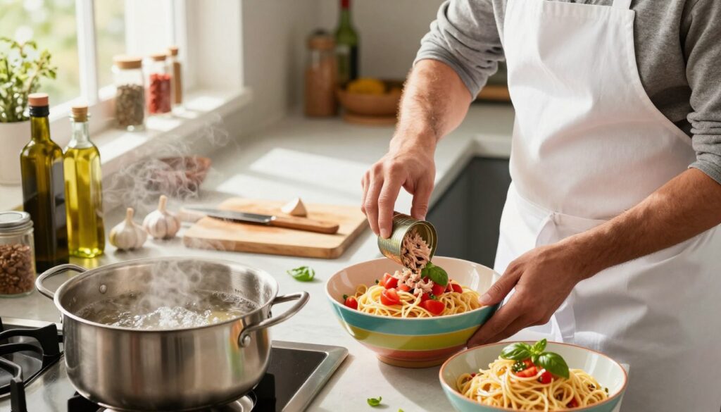 A vibrant kitchen scene featuring a chef preparing a delicious tuna pasta dish. In the foreground, a stainless steel pot simmers on the stove with boiling water, while a bowl of al dente pasta sits nearby. The chef, dressed in a white apron and modest casual clothing, is mixing canned tuna, chopped tomatoes, and fresh basil in a colorful mixing bowl. The middle ground shows a well-organized countertop with ingredients like garlic, olive oil, and a cutting board scattered artistically. In the background, warm sunlight filters through a window, illuminating the scene and casting a cozy atmosphere, with spices and herbs neatly lined up on a shelf. The angle captures the chef’s focused expression as they create this quick, appetizing dish.