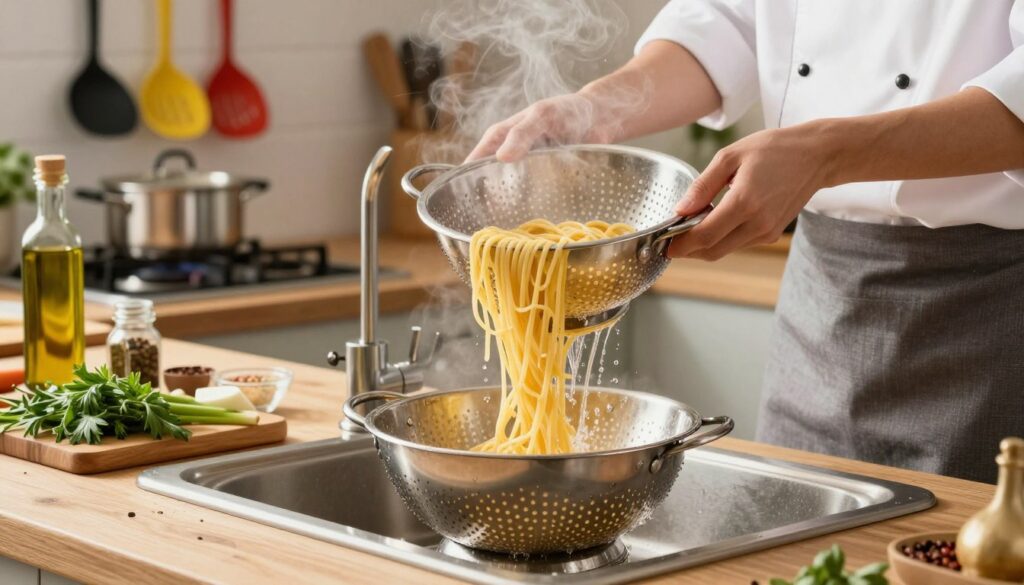 A vibrant kitchen scene featuring a person draining freshly cooked pasta in a colander. The foreground showcases the colander filled with steaming hot spaghetti, with water cascading down and splashing into a sink. In the middle, on a wooden countertop, there are ingredients like fresh herbs, olive oil, and spices neatly arranged, emphasizing a cooking atmosphere. The background includes a stove with a pot still simmering, and colorful kitchen utensils hanging on the wall. Soft, warm lighting illuminates the scene, creating an inviting mood. The angle captures the action of draining pasta, highlighting the importance of this step in achieving perfect results. The chef is dressed in a smart casual outfit, focused and poised for success in the cooking process. A vibrant kitchen scene featuring a person draining freshly cooked pasta in a colander. The foreground showcases the colander filled with steaming hot spaghetti, with water cascading down and splashing into a sink. In the middle, on a wooden countertop, there are ingredients like fresh herbs, olive oil, and spices neatly arranged, emphasizing a cooking atmosphere. The background includes a stove with a pot still simmering, and colorful kitchen utensils hanging on the wall. Soft, warm lighting illuminates the scene, creating an inviting mood. The angle captures the action of draining pasta, highlighting the importance of this step in achieving perfect results. The chef is dressed in a smart casual outfit, focused and poised for success in the cooking process.