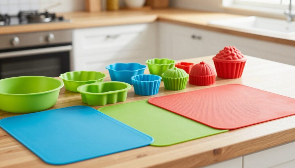 A vibrant kitchen scene featuring a variety of colorful silicone mats and molds arranged neatly on a wooden countertop. In the foreground, there are round and rectangular silicone baking mats in shades of bright blue, green, and red, showcasing their flexibility and texture. In the middle, display several intricately shaped silicone molds, including cupcake, muffin, and cake shapes, reflecting their reusable nature. The background includes a softly blurred view of an oven and utensils, creating a warm and inviting atmosphere. Natural light streams in through a nearby window, casting gentle shadows and highlighting the glossy finishes of the silicone. The overall mood is cheerful and eco-friendly, emphasizing sustainability and modern baking solutions, with no text or additional elements in the image.