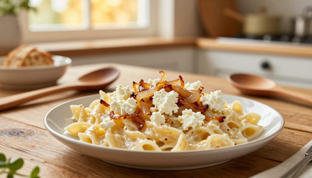 A vibrant kitchen scene showcasing a plate of creamy pasta with fresh twaróg (Polish cheese) and sautéed onions. In the foreground, the pasta is generously topped with crumbled twaróg and caramelized onions, glistening with a hint of buttery sheen. The middle layer features a rustic wooden table, with kitchen utensils like a wooden spoon and a ceramic dish scattered around, creating a homey atmosphere. In the background, soft golden light filters through a window, illuminating the warm tones of the kitchen and emphasizing a cozy, inviting vibe. The focus is sharp on the plate, while the background has a soft blur, adding depth to the composition. The overall mood is cheerful and appetizing, evoking a sense of comfort in home-cooked meals. A vibrant kitchen scene showcasing a plate of creamy pasta with fresh twaróg (Polish cheese) and sautéed onions. In the foreground, the pasta is generously topped with crumbled twaróg and caramelized onions, glistening with a hint of buttery sheen. The middle layer features a rustic wooden table, with kitchen utensils like a wooden spoon and a ceramic dish scattered around, creating a homey atmosphere. In the background, soft golden light filters through a window, illuminating the warm tones of the kitchen and emphasizing a cozy, inviting vibe. The focus is sharp on the plate, while the background has a soft blur, adding depth to the composition. The overall mood is cheerful and appetizing, evoking a sense of comfort in home-cooked meals.