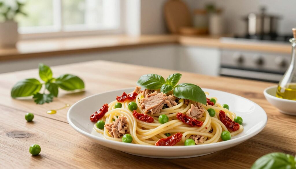 A vibrant plate of tuna pasta sits in the foreground, showcasing perfectly cooked al dente spaghetti intertwined with chunks of flaky canned tuna, vibrant green peas, and sun-dried tomatoes. The plate is garnished with fresh basil leaves for a pop of color and flavor. The middle ground features a rustic wooden kitchen table, accented by a few sprigs of parsley and a drizzle of olive oil in a small dish, enhancing the inviting, home-cooked atmosphere. The background softly blurs, revealing a cozy kitchen setting bathed in warm, natural light from a nearby window, creating a light and airy mood. Capture this scene from a slightly elevated angle to emphasize the dish while giving a glimpse of the kitchen environment, embodying the essence of a quick, delicious meal option for everyday life.