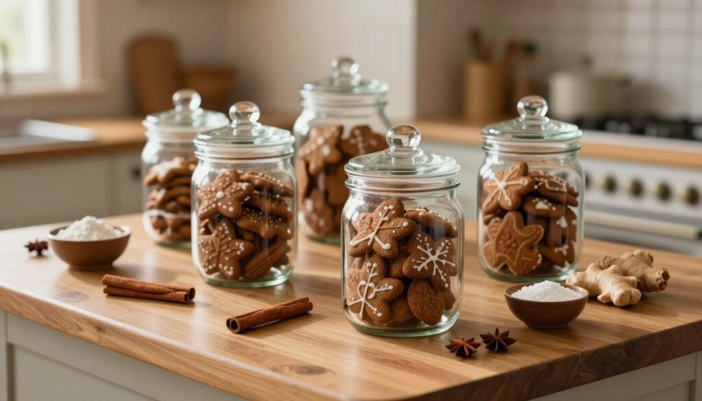 A warm and inviting kitchen scene showcasing a beautifully arranged selection of Canadian gingerbread cookies, elegantly stored in decorative glass jars. In the foreground, the focus is on the jars, each filled with the rich, dark, spiced cookies, decorated with subtle icing designs. The middle ground features a wooden countertop scattered with festive spices like cinnamon sticks, ginger, and nutmeg, alongside a small bowl of powdered sugar. In the background, soft, natural sunlight filters through a window, creating a cozy atmosphere enhanced by the warm wooden cabinetry of the kitchen. The overall mood is rustic and homey, inviting viewers to imagine the comforting scent of freshly baked goods. The angle is slightly above eye level, capturing the depth and details of the kitchen space. A warm and inviting kitchen scene showcasing a beautifully arranged selection of Canadian gingerbread cookies, elegantly stored in decorative glass jars. In the foreground, the focus is on the jars, each filled with the rich, dark, spiced cookies, decorated with subtle icing designs. The middle ground features a wooden countertop scattered with festive spices like cinnamon sticks, ginger, and nutmeg, alongside a small bowl of powdered sugar. In the background, soft, natural sunlight filters through a window, creating a cozy atmosphere enhanced by the warm wooden cabinetry of the kitchen. The overall mood is rustic and homey, inviting viewers to imagine the comforting scent of freshly baked goods. The angle is slightly above eye level, capturing the depth and details of the kitchen space.
