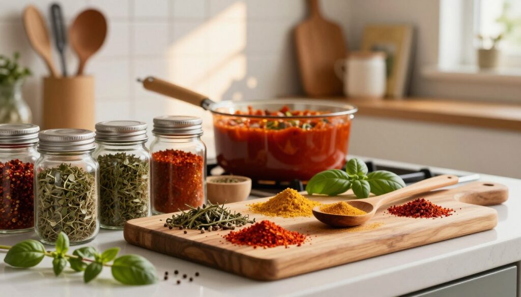 A well-organized kitchen countertop featuring an array of vibrant, colorful spices and herbs arranged artfully around a wooden cutting board. The foreground includes several jars of spices such as oregano, basil, and chili flakes, with a wooden spoon resting atop the board, indicating readiness for mixing. In the middle, a simmering pot of sauce is visible, its rich, red color reflecting the warmth of the kitchen lighting. The background softly depicts blurred shelves lined with additional cooking utensils and cookbooks, enhancing the homey atmosphere. The overall lighting is warm and inviting, with sun rays filtering through a nearby window, creating a cozy ambiance perfect for cooking. The scene captures the essence of culinary creativity and inspiration, inviting viewers to explore spice pairings for sauces. A well-organized kitchen countertop featuring an array of vibrant, colorful spices and herbs arranged artfully around a wooden cutting board. The foreground includes several jars of spices such as oregano, basil, and chili flakes, with a wooden spoon resting atop the board, indicating readiness for mixing. In the middle, a simmering pot of sauce is visible, its rich, red color reflecting the warmth of the kitchen lighting. The background softly depicts blurred shelves lined with additional cooking utensils and cookbooks, enhancing the homey atmosphere. The overall lighting is warm and inviting, with sun rays filtering through a nearby window, creating a cozy ambiance perfect for cooking. The scene captures the essence of culinary creativity and inspiration, inviting viewers to explore spice pairings for sauces.