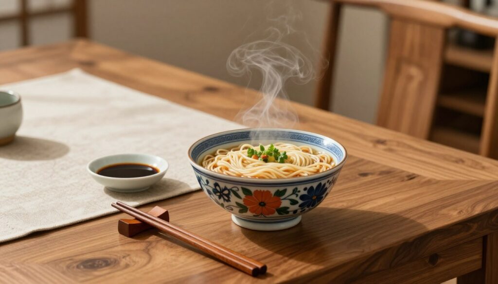 A wooden dining table set for an authentic Asian dining experience. In the foreground, a pair of elegant chopsticks rests beside a decorative ceramic bowl filled with steaming noodles. The chopsticks are beautifully crafted, made of fine wood. A small dish with soy sauce sits to the side. In the middle ground, a soft cotton table runner complements the vibrant colors of the bowl and chopsticks. The background features a softly lit room with artistic Asian decor, enhancing the serene atmosphere. The lighting is warm and inviting, creating a cozy and traditional mood. The angle captures the scene from a slightly elevated perspective, making it ideal for illustrating correct preparation before the first bite, emphasizing harmony and simplicity in dining.